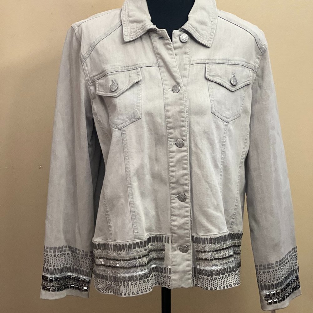 Chico's Platinum Collection, Gray Denim Jacket Beaded Rhinestones Sequins Size 2 - Picture 1 of 5